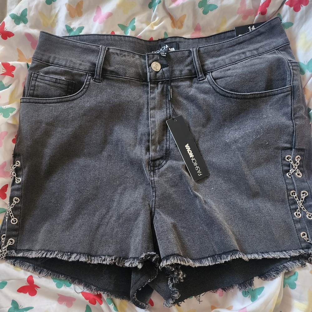 Fashion Nova Dark Gray Jean Shorts with Frayed Hem